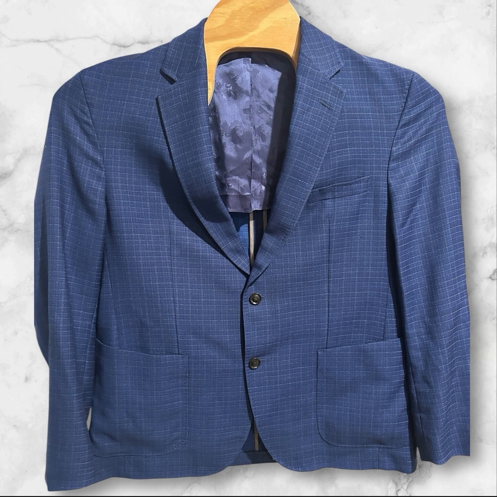 Ted Baker London Plaid Wool Blazer Mens 46R‎ Blue Sports Coat Suit Jacket